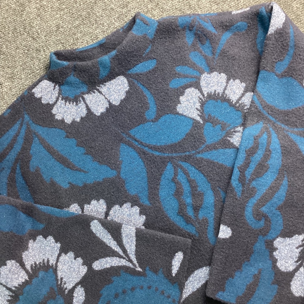 Ann Taylor Floral Jacquard Mock Neck Sweater Blue Grey Metallic L 827862 218